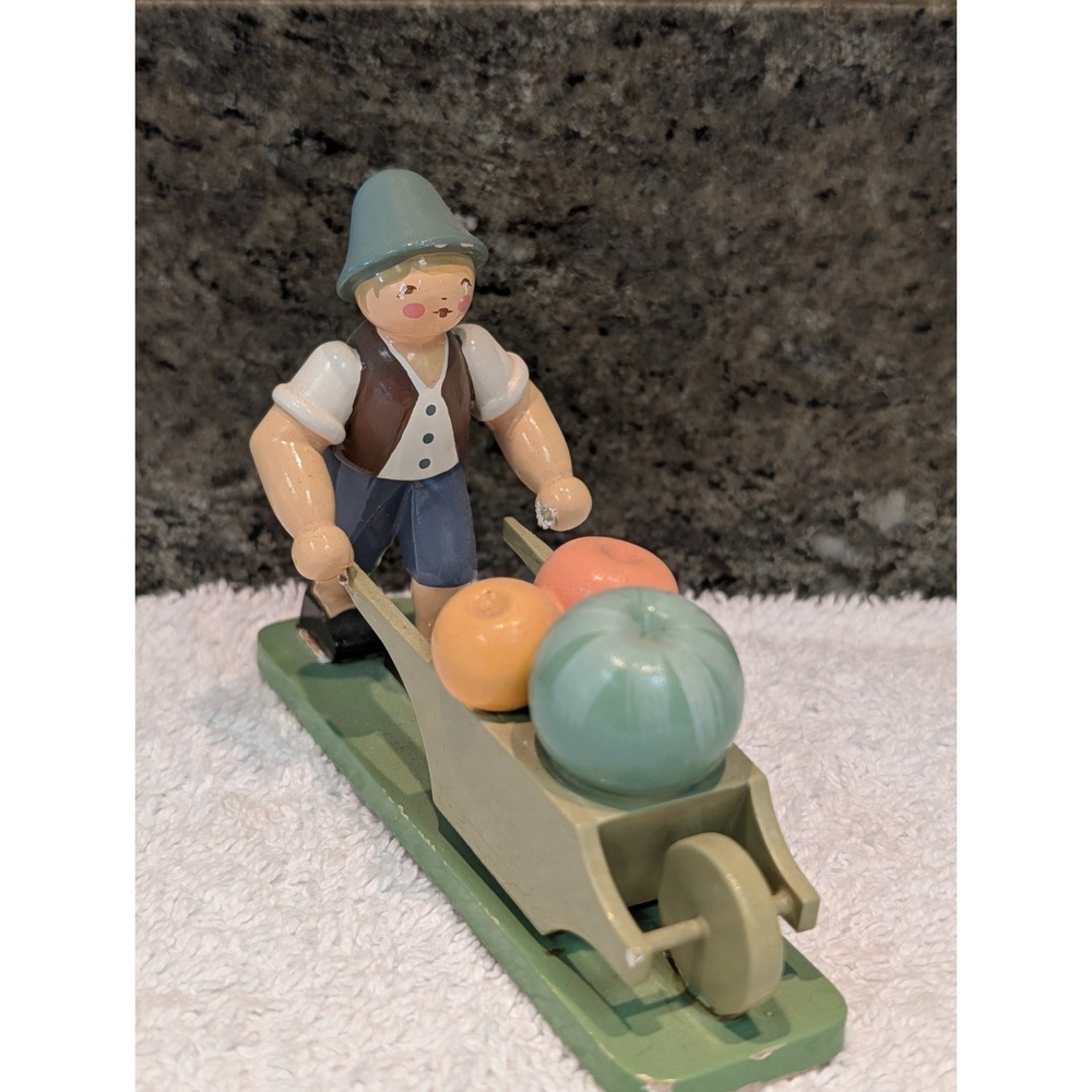 Vintage German WuK Wendt & Kuhn Boy Pushing Pumpkins Wheelbarrow Cart Erzgebirge